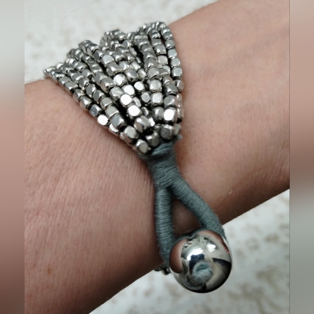 Multistrand Metal Seeded Bead Silver Tone Boho Bracelet